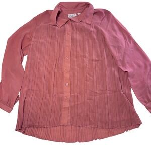 Joan Rivers Womens Pink Pleated Button Down Blouse Long Sleeve Collared Top S